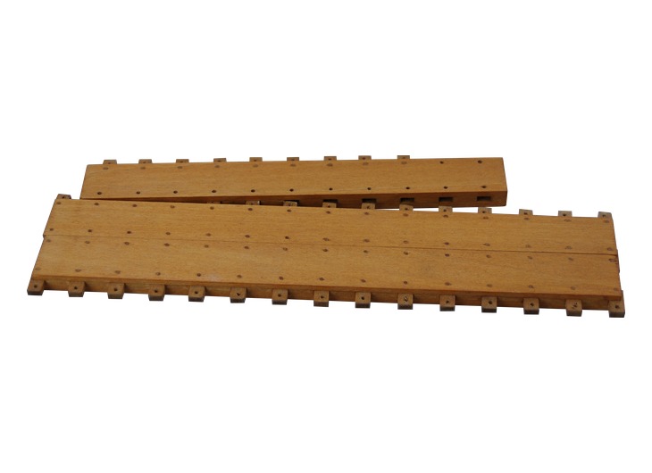 Model of ship hull planks joined with mortise-and-tenon joints