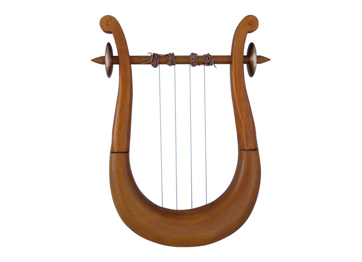 Reconstructed archaic kithara with a wooden U-shaped soundbox and four strings