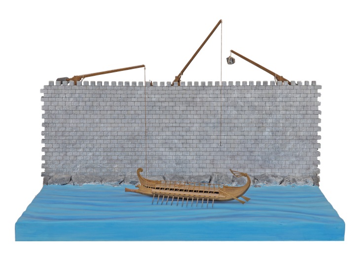 Reconstruction of the iron hand of Archimedes lifting a model ship