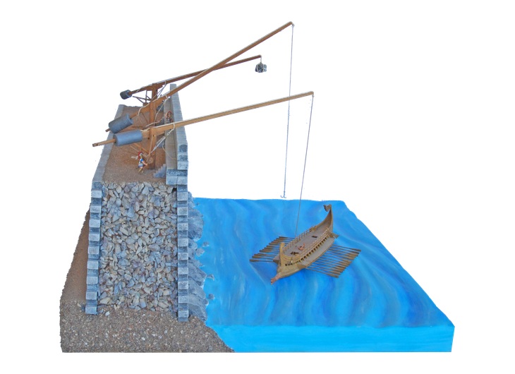 Model of the iron hand of Archimedes lifting a ship beside a defensive wall