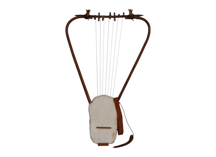 Reconstructed barbitos with long curved arms, strings and a tortoise-shell soundbox