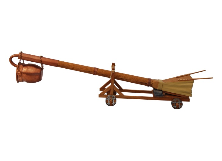 Reconstructed Boeotian flamethrower with a long iron-bound beam, bellows and suspended cauldron