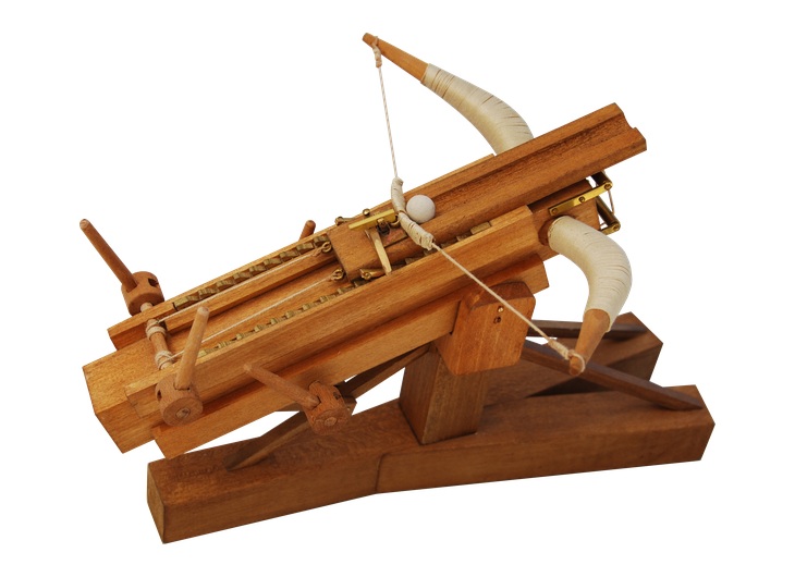 Reconstructed stone-throwing catapult of Charon of Magnesia with bow, sliding beam and winch