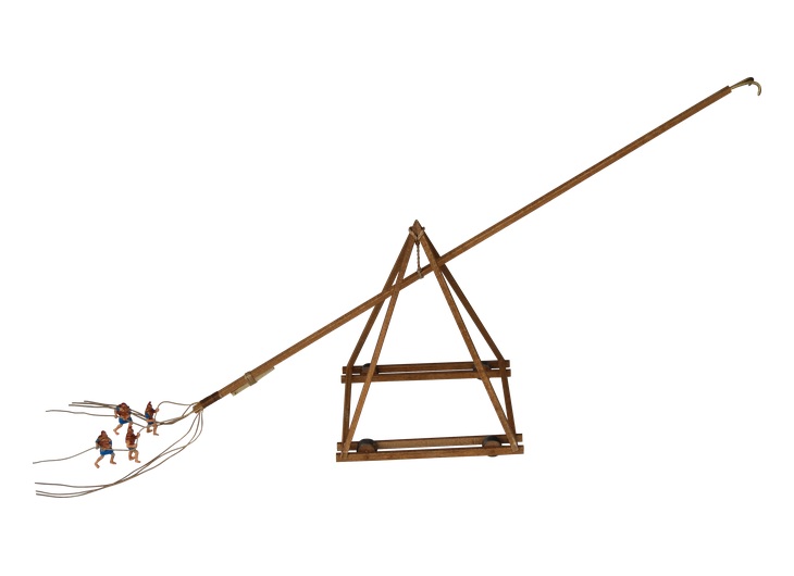Reconstructed demolition raven of Diades with a tall wheeled frame, suspended beam and hooks