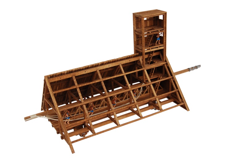 Reconstructed roofed ram of Diades showing the internal wheeled frame, turret and battering ram