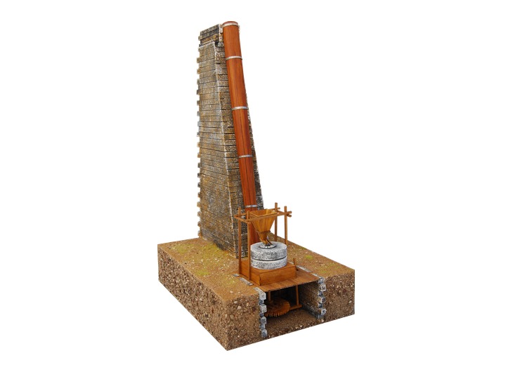 Reconstruction of an ancient Greek watermill, showing the water tower, millstones and horizontal impeller