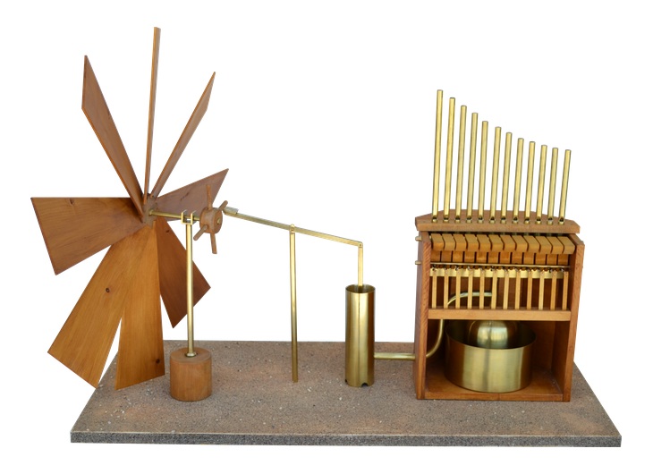 Reconstructed wind-powered hydraulis of Heron with a windwheel and organ pipes