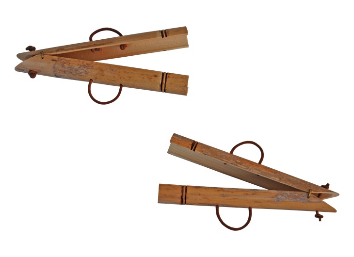 Two reconstructed pairs of ancient Greek wooden krotala clappers with leather finger loops