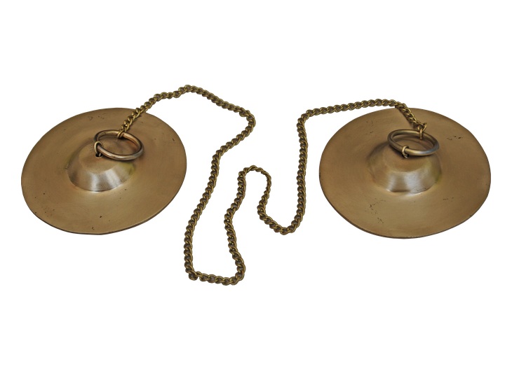 Reconstructed bronze kymbala cymbals with rings and a connecting chain