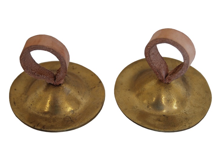 Reconstructed small bronze kymbala cymbals with leather finger loops