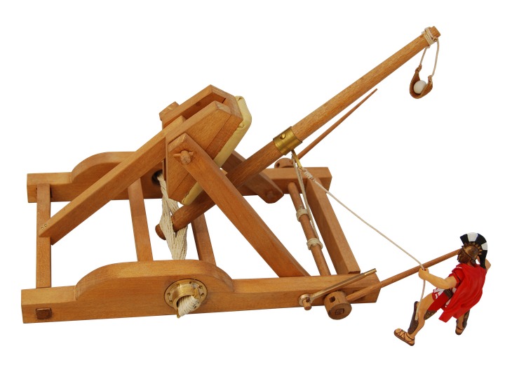 Reconstructed monagon stone-throwing catapult with a long throwing arm, torsion spring and winch