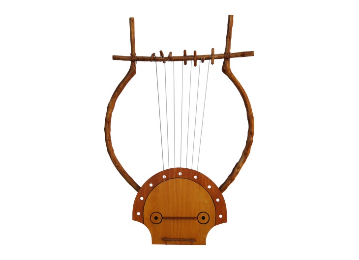 Reconstructed kithara of Orpheus with a crescent-shaped wooden soundbox, curved arms and strings