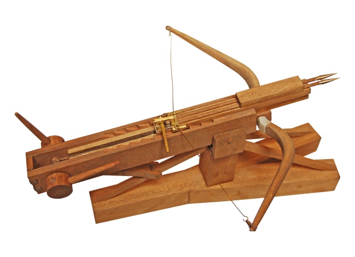 Reconstructed oxybeles catapult of Zopyrus with a wooden stock, bow and two arrows