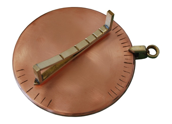 Reconstructed portable disc sundial with a curved hour scale and gnomon