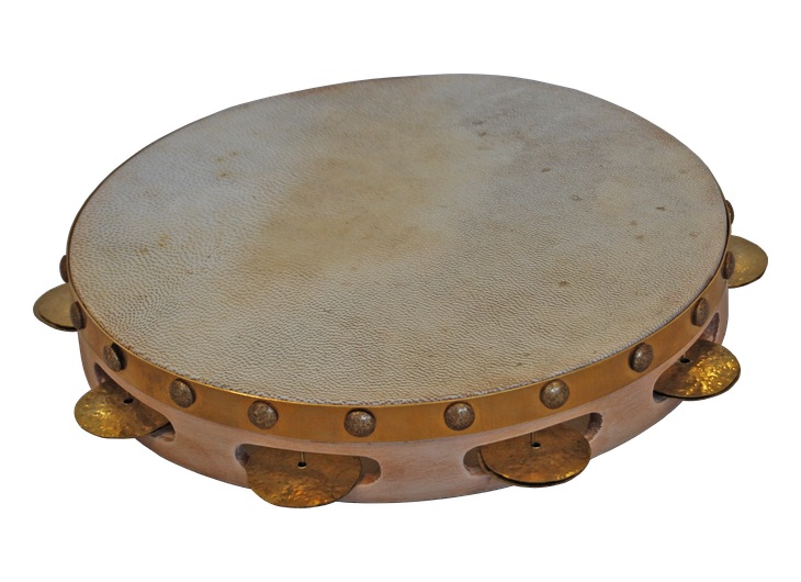 Reconstructed rhoptron tambourine with a leather membrane, wooden frame and bronze jingles