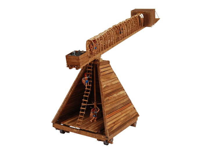 Reconstructed sambyke siege ladder of Damios in a raised position on its pyramidal base