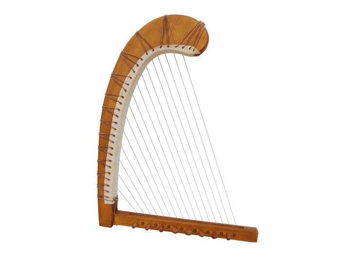 Reconstructed peektis harp of Sappho with a curved wooden soundbox and strings of unequal length