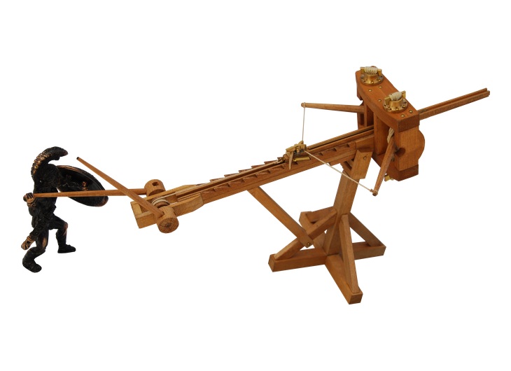 Reconstructed scorpion euthytonos catapult with torsion springs, two arms and a sliding stock