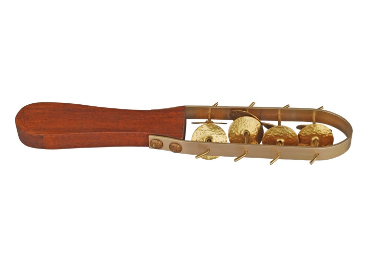 Reconstructed seistron rattle with a wooden handle, frame and movable bronze discs