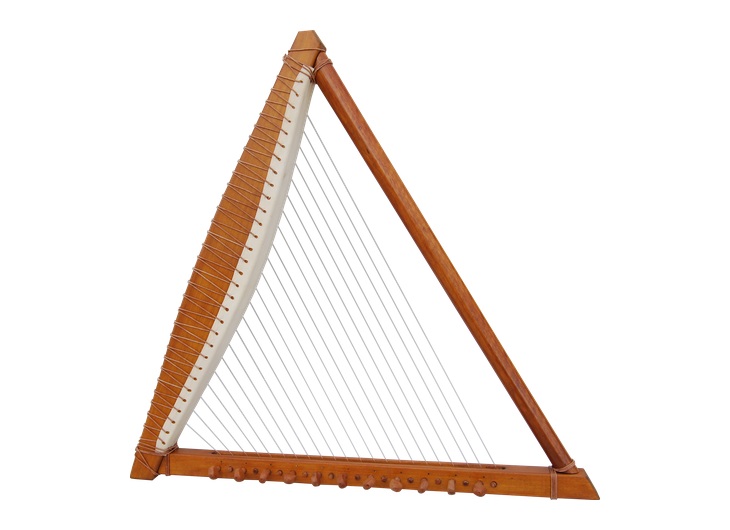 Reconstructed ancient Greek trigonon harp with a triangular wooden frame and strings of unequal length
